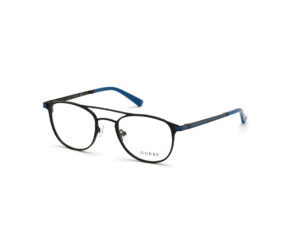 frame glasses guess men women round double bridge black stainless steel blue details on sides