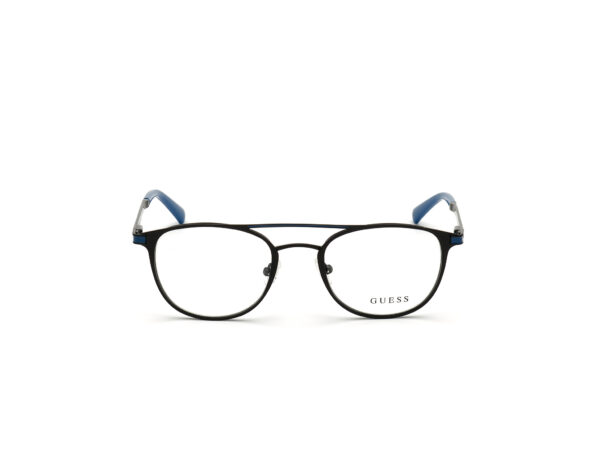 frame glasses guess men women round double bridge black stainless steel blue details on sides