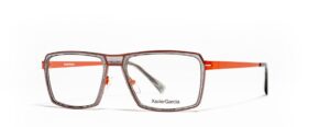 frame glasses xavier garcia men women square orange metal bridge and sides transparent front acetate with black spots