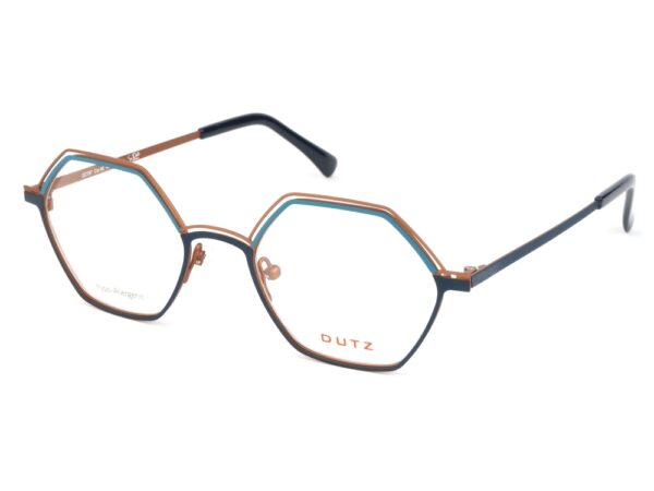 frame glasses dutz women polygonal hexagonal shape dark blue metal bronze and petrol details metallic