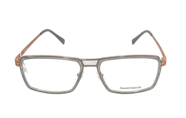 frame glasses xavier garcia men women square orange metal bridge and sides transparent front acetate with black spots