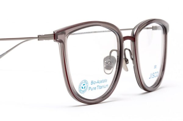 frame glasses jisco men women unisex round shape metallic temples (silver) and bridge (burgundy) and acetate front (brown color)