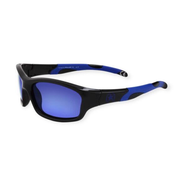 sunglasses polar kids junior boys sport line curved black plastic frame blue details blue super polarized lenses uv protection