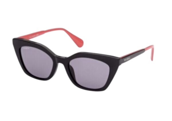 sunglasses maxandco women butterfly shape black acetate coral red details on temples grey lenses uv protection