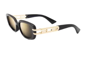 sunglasses polar women rectangular shape black acetate frame gold metal details on temples mirrored smoke gold superpolarized lenses uv protection