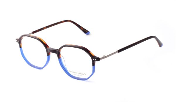 eyeglasses alexander wintch men women unisex polygonal shape brown havana and blue bicolor acetate silver metal temples