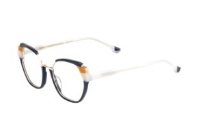 eyeglasses woodys barcelona women butterfly shape navy blue acetate white temples orange details and rose gold metallic bridge