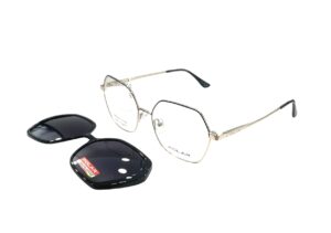 eyeglasses polar women polygonal shape gold and black bicolor metal frame with black acetate polarized clip on