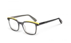 eyeglasses kypers square shape women transparent frame with black llitle squares inside and yellow details