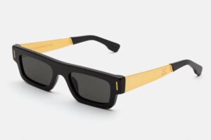 sunglasses retrosuperfuture men women unisex rectangular shape black acetate gold metallic temples zeiss grey lenses uv protection