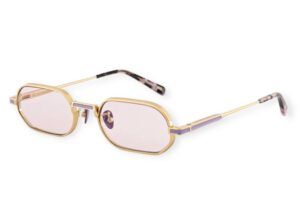 Sunglasses oscar&frank women geometric shape gold metallic (titanium) frame photochromic purple Essilor lenses antireflective coat uv protection