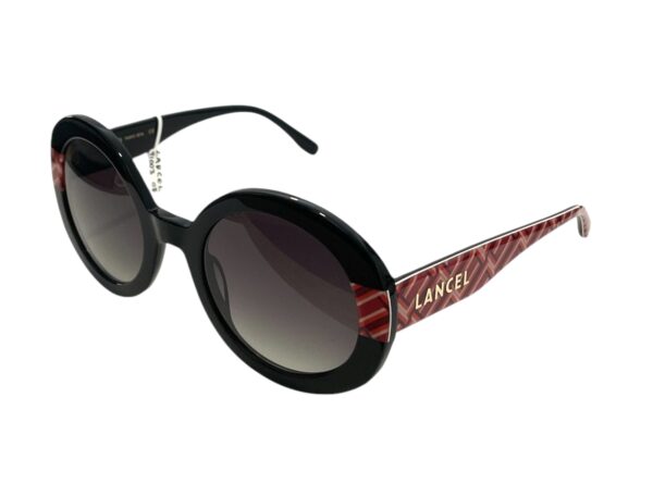 sunglasses lancel women round shape black acetate red temples and details gradient grey lenses uv protection