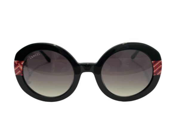 sunglasses lancel women round shape black acetate red temples and details gradient grey lenses uv protection