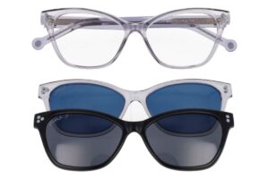 eyeglasses hally and son women butterfly shape crystal grey acetate crystal grey acetate clip on with blue lenses and black acetate clip on with grey lenses uv protection