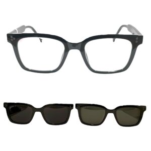 eyeglasses hally and son unisex square shape black acetate two sun clip ons one with grey and one with green lenses uv protection