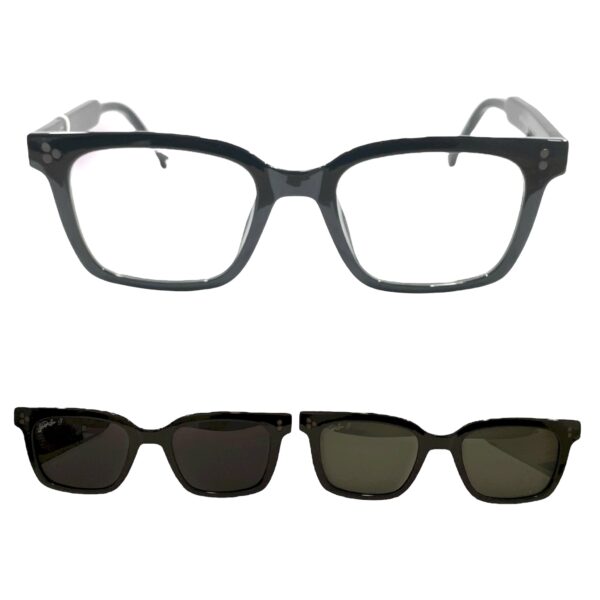 eyeglasses hally and son unisex square shape black acetate two sun clip ons one with grey and one with green lenses uv protection