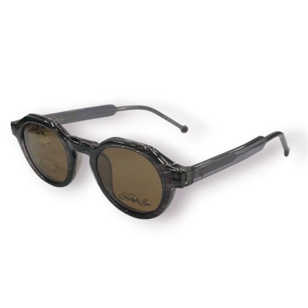 eyeglasses hally and son unisex round shape grey acetate with two sun clip ons one grey acetate with brown lenses and one black acetate with grey lenses uv protection