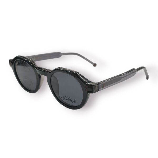 eyeglasses hally and son unisex round shape grey acetate with two sun clip ons one grey acetate with brown lenses and one black acetate with grey lenses uv protection