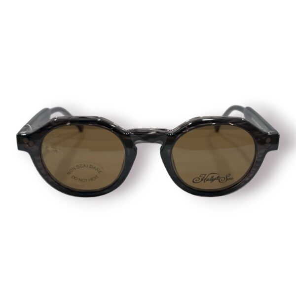 eyeglasses hally and son unisex round shape grey acetate with two sun clip ons one grey acetate with brown lenses and one black acetate with grey lenses uv protection