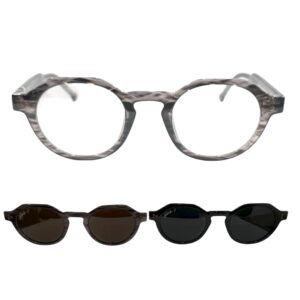 eyeglasses hally and son unisex round shape grey acetate with two sun clip ons one grey acetate with brown lenses and one black acetate with grey lenses uv protection