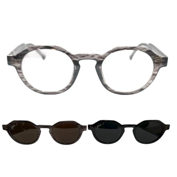 eyeglasses hally and son unisex round shape grey acetate with two sun clip ons one grey acetate with brown lenses and one black acetate with grey lenses uv protection