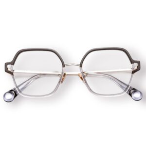 eyeglasses le parc women polygonal shape brown and grey acetate rose gold metallic temples