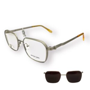 eyeglasses antonio miro unisex polygonal shape matte silver metallic frame sun clip-on uv protection