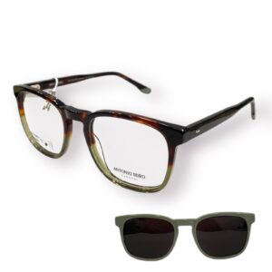 eyeglasses antonio miro men square shape brown havana and olive green acetate sun clip-on uv protection