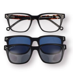 eyeglasses hally and son unisex square shape black acetate sun clip on with grey lenses and one with blue lenses uv protection